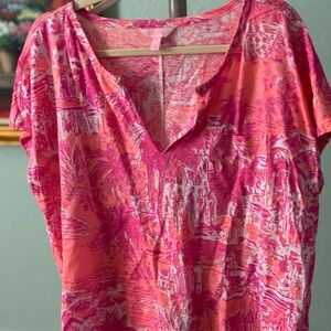 Vibrant Pink and Orange Patterned Cap Sleeve Linen Top